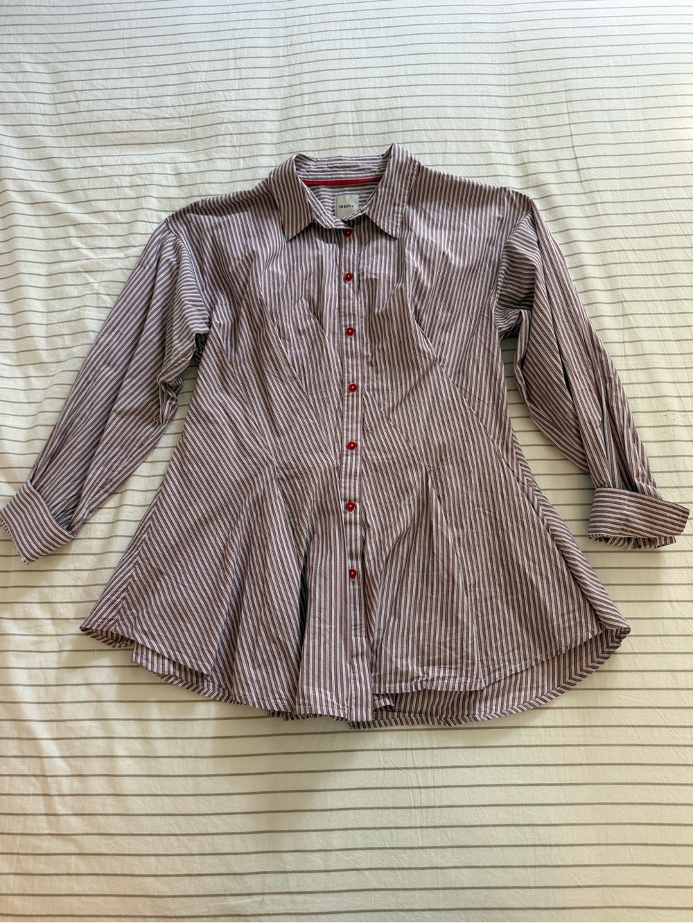 Maeve Pink and White Striped Shirt with Red Trim